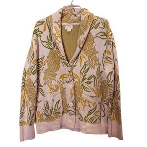 Maeve Textured Knit Cotton Pineapple Sweater in Gold Green ColorCream Sz XL